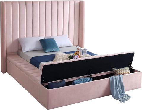 Kiki Collection Modern | Contemporary Velvet Upholsterd Bed with Channel Tufting, Siderails and Footboard Storage Compartments, King, Pink