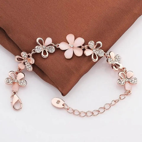 Charming 18K Rose Gold Plated Women Pink Cat'S Eye Opal Flower Chain Bracelet Gift for Women Girl