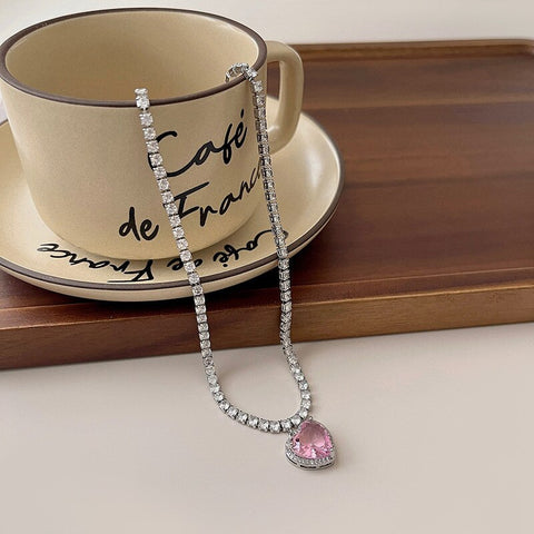 Pink Heart Pendant Necklace for Women Lovers Rhinestione Clavicle Chain Chocker Female Cute Crystal Moonstone Jewlery Gifts