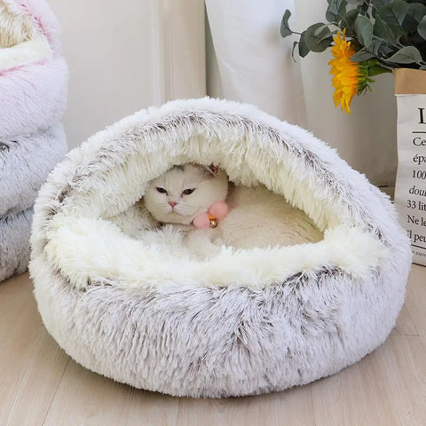 Soft Plush round Cat Bed Winter Warm Long Plush Cat Cushion House 2 in 1 Sleeping Nest Kennel for Small Dogs Cats Accessories