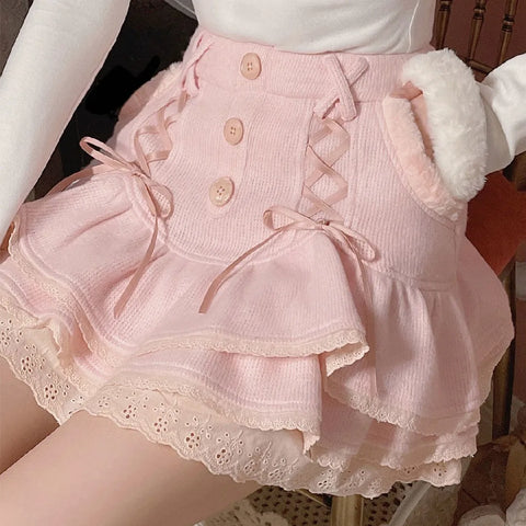 Japanese Lolita Kawaii Clothes Pink Mini Skirt with Shorts Lace High Waist Korean Style Women 2023 New Fall White Skirt Fluffy