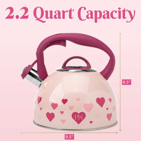 Whistling Tea Kettle Stainless Steel, Shimmering Finish with Heart Decal, 2.2-Quart, Pink