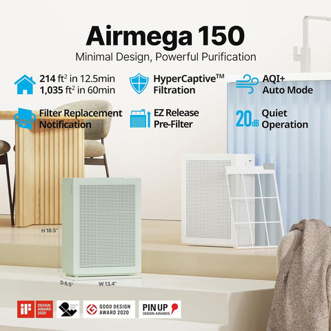 Airmega 150(P) True HEPA Air Purifier with Air Quality Monitoring, Auto, and Filter Indicator, Peony Pink