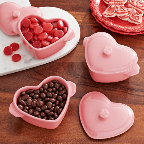 3-Piece Pink Colored Mini Hearts Ceramic Baking Dish with Lid,  6.45"