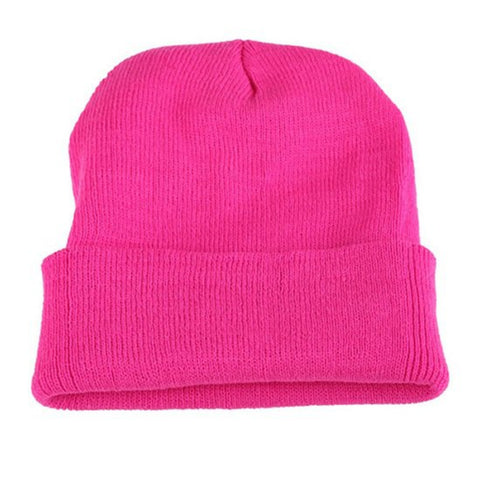 Men Women Knit Skully Beanie Hat Ski Cap Cuff Slouchy Plain Solid Warm Winter - Hot Pink
