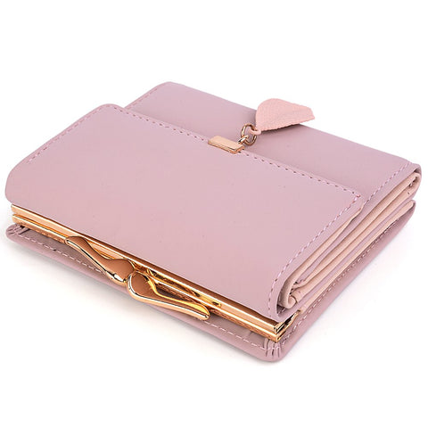 Small Wallet for Women PU Leather RFID Blocking Coin Purse Card Holder Trifold Ladies Purse Leaf Pendant(Pink)