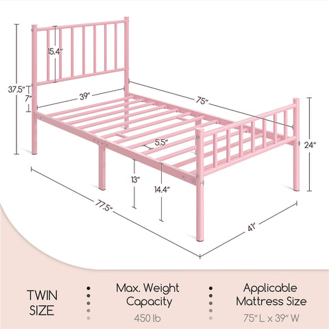Justin Metal Platform Bed with Spindle Headboard and Footboard, Twin, Pink