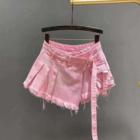 Irregular Pink Denim Skirt Women'S Summer High Waist Slimming False Two-Piece A- Line Workwear Short Mini Skirts 2023