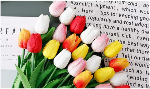 Artificial PU Tulips 10Pcs Real Touch Fake Flower Arrangement Bouquets for Home Office Wedding Decoration (Pink)