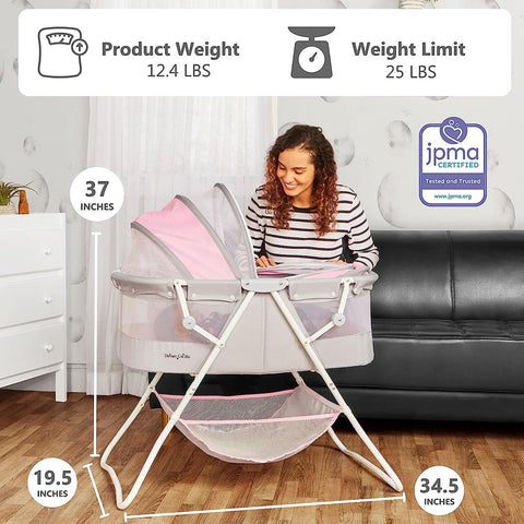 Karley Baby Bassinet in Grey and Pink, Lightweight Portable, Quick Fold and Easy to Carry , Adjustable Double Canopy, Indoor and Outdoor with Large Storage Basket. Grey/Pink