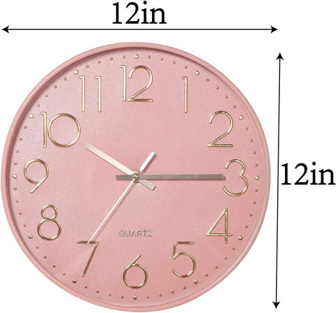 12 Inch Pink Silent Non-Ticking Wall Clock for Girls, Easy to Hang