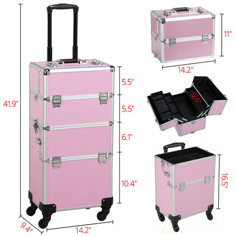 Professional Makeup Case, 3 in 1 Portable Trolley, Pink