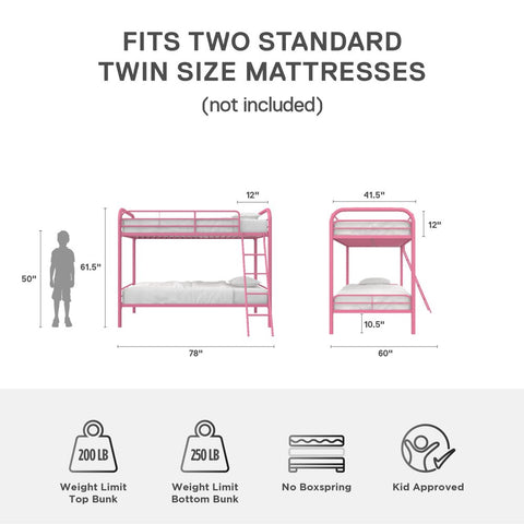 Dusty Twin over Twin Metal Bunk Bed with Secured Ladder, Pink