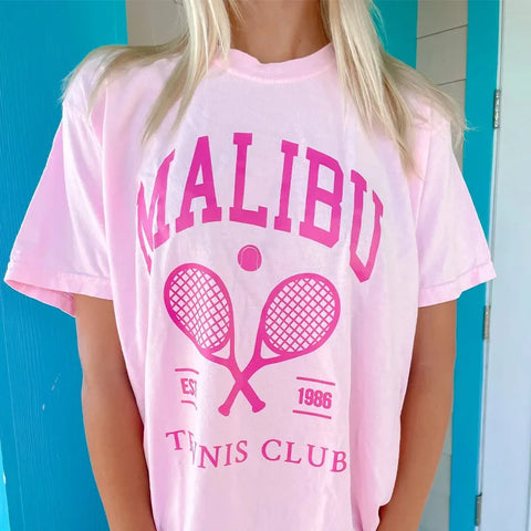 5319 Malibu Tennis Club Women Y2K Pink T Shirts for Female Short Sleeve Loose Cotton Summer Casual Printing Tees