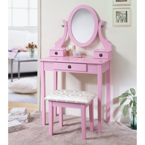 Moniya Wood Vanity Table and Stool Set, Pink