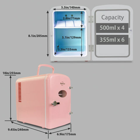 6 Can AC/DC Retro Mini Cooler Personal Mini Fridge Refrigerator, Pink