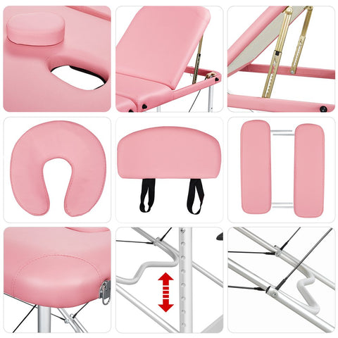 Portable Massage Table Salon Bed with Backrest/Headrest/Armrest/Hand Pallet Pink