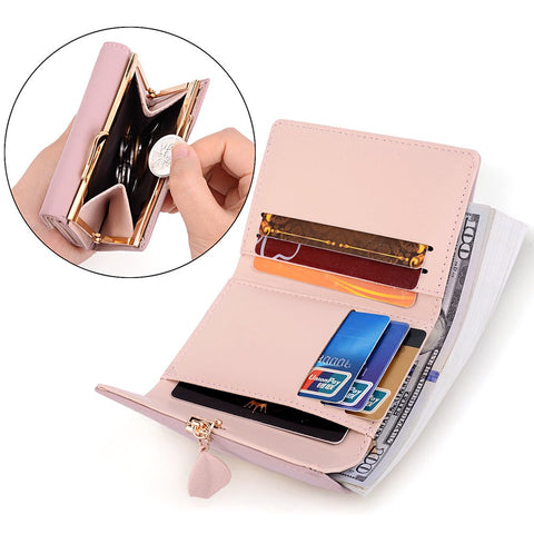 Small Wallet for Women PU Leather RFID Blocking Coin Purse Card Holder Trifold Ladies Purse Leaf Pendant(Pink)
