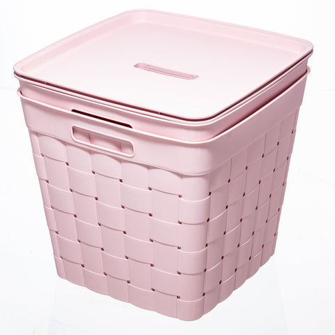Child and Teen Wide Weave Plastic Stacking Storage Bin with Lid, Pink