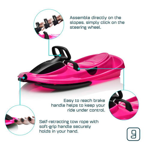 Stratos Bobsled for Kids, 2 Person Steerable Snow Sled, Ages 3+, Monster Pink
