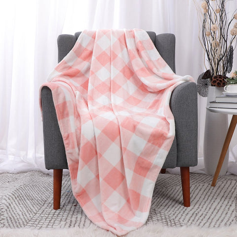 Plaid Soft Plush Fleece Blanket for Sofa Couch Bed Pink and White 50" X 60"