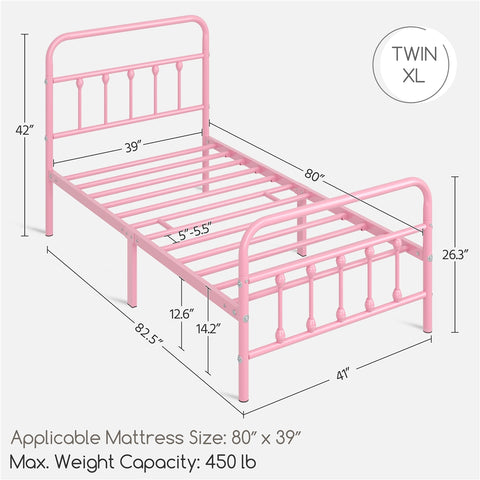 Twin XL Metal Bed with High Headboard and Footboard, Pink