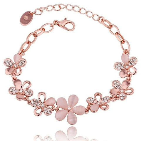 Charming 18K Rose Gold Plated Women Pink Cat'S Eye Opal Flower Chain Bracelet Gift for Women Girl