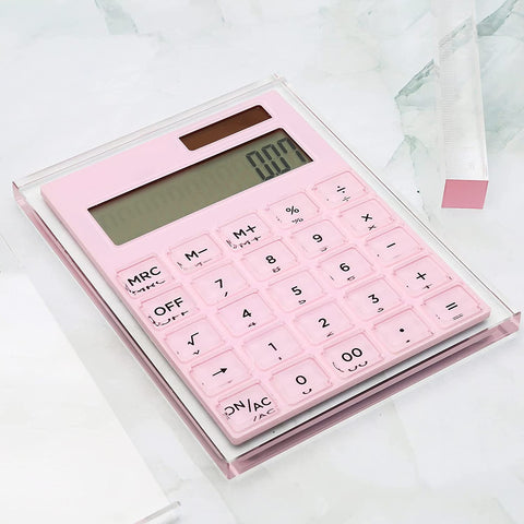 Acrylic Calculator with Stand, Battery and Solar Hybrid Powered Basic Calculator 12-Digit LCD Display,Home Office Desktop Accessories(Pink)