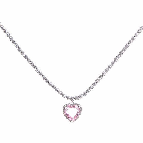 Pink Heart Pendant Necklace for Women Lovers Rhinestione Clavicle Chain Chocker Female Cute Crystal Moonstone Jewlery Gifts