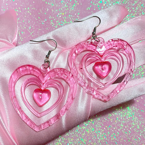 Y2K Earrings Pink Hollowout Heart Earrings Korean Fashion Kawaii Aesthetic Harajuku DIY Love Earrings for Women 2000S Jewelry