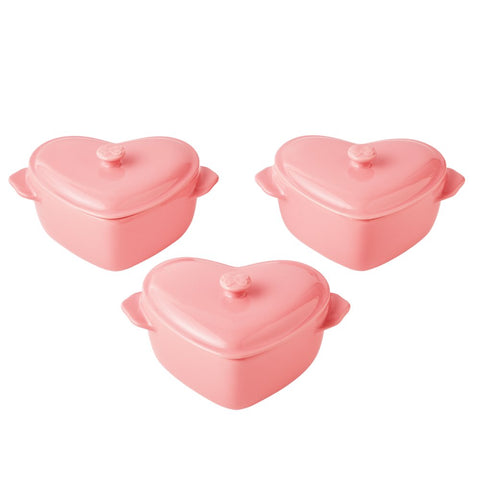 3-Piece Pink Colored Mini Hearts Ceramic Baking Dish with Lid,  6.45"